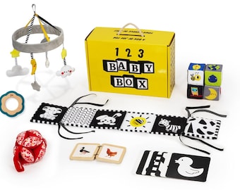 Juego de regalo para recién nacidos / Juego de juguetes de desarrollo / Caja de juguetes Montessori / Regalo para nuevos padres / Regalo para baby shower / Caja de regalo para bebé