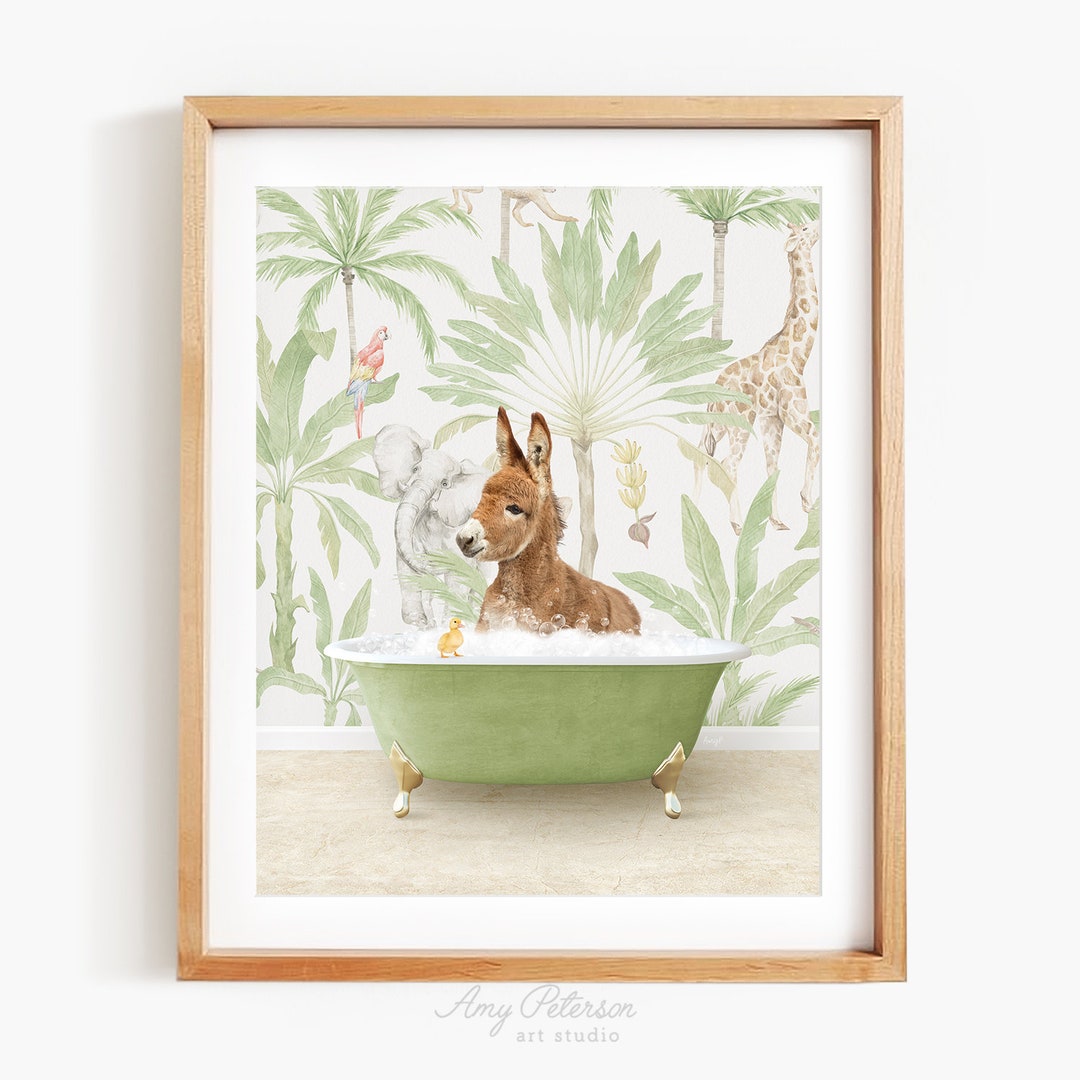 Baby Donkey in Vintage Bathtub, Wild Safari Style, Animal in Tub