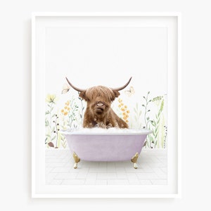 Highland Cow in Vintage Bathtub, Spring Bath Style, Animal in Tub, Bathroom Art, Animal Art by Amy Peterson