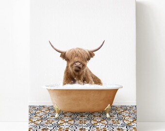 Highland Cow in Vintage Bathtub, Mediterranean Style, Animal in Tub, Bathroom Art, Animal Art by Amy Peterson