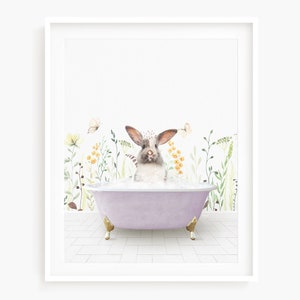 Bunny in Vintage Bathtub, Spring Bath Style, Animal in Tub, Bathroom Art, Animal Art by Amy Peterson