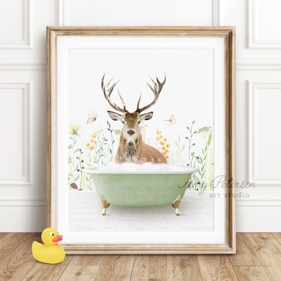 Yihui Arts Badezimmer-Wandbild – Weiße Badewanne Mit Botanischen Motiven, Lustige Malerei Für Kinderzimmer