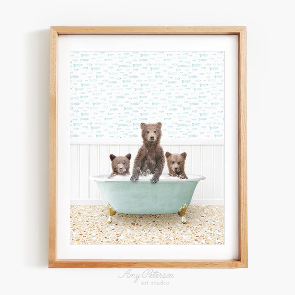 Three Bear Cubs in Vintage Bathtub, Little Fish Style, Animal in Tub, Bathroom Art, Unframed Print, Animal Art by Amy Peterson