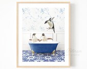 Penguins in Vintage Bathtub, Eclectic Blue Style, Animal in Tub, Bathroom Art, Photo Print Unframed, Bathtub Animal Art by Amy Peterson