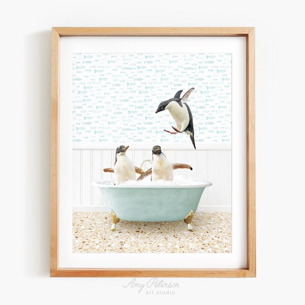 Penguins in Vintage Bathtub, Little Fish Style, Animal in Tub, Bathroom Art, Animal Art by Amy Peterson