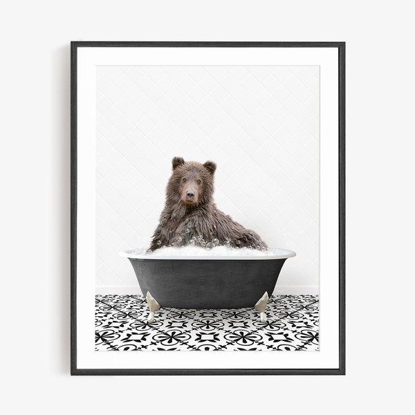 Brown Bear in Vintage Bathtub, Black and White Bath Style, Animal in Tub, Bathroom Art,  Animal Art by Amy Peterson