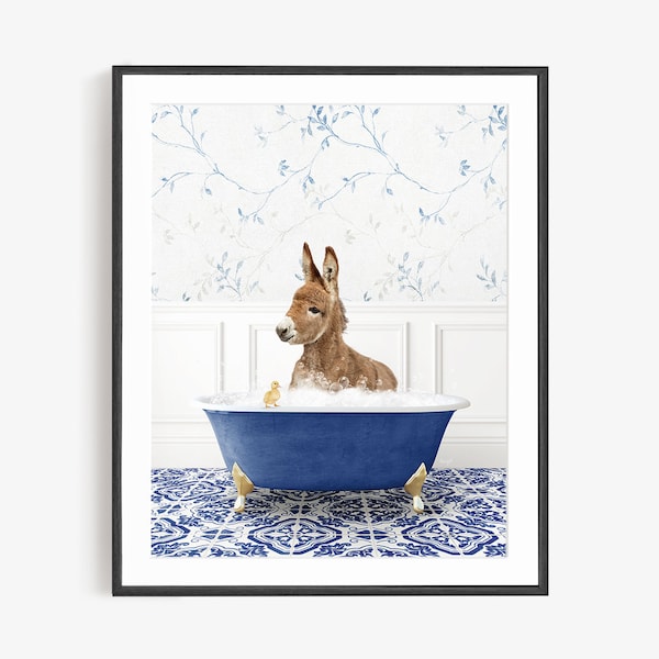 Donkey and Ducky in Vintage Bathtub, Eclectic Blue Style, Animal in Tub, Bathroom Art, Animal Art by Amy Peterson