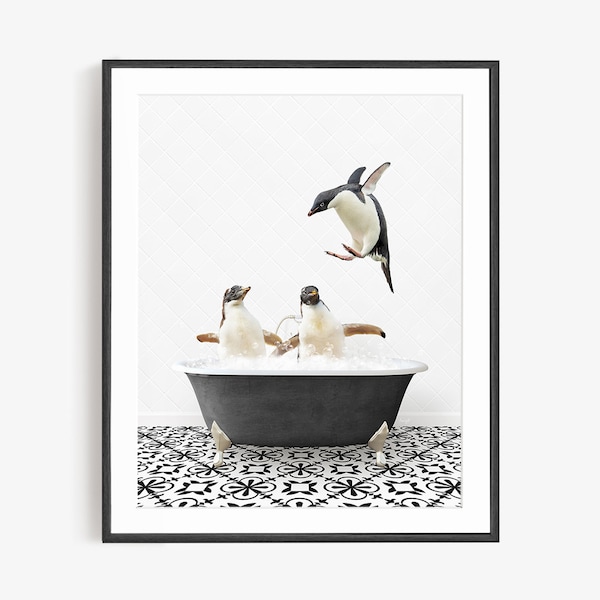 Penguins in Vintage Bathtub, Black and White Bath Style, Animal in Tub, Bathroom Art,  Animal Art by Amy Peterson