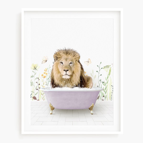 Lion in Vintage Bathtub, Spring Bath Style, Animal in Tub, Bathroom Art, Animal Art by Amy Peterson