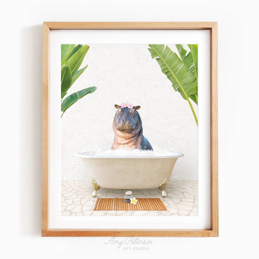 Baby Hippo in Vintage Bathtub, Bali Bath Style, Animal in Tub, Bathroom