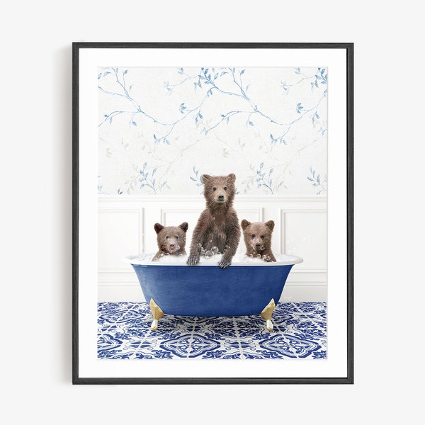 Three Bear Cubs in Vintage Bathtub, Eclectic Blue Style, Animal in Tub, Bathroom Art, Unframed Print, Animal Art by Amy Peterson