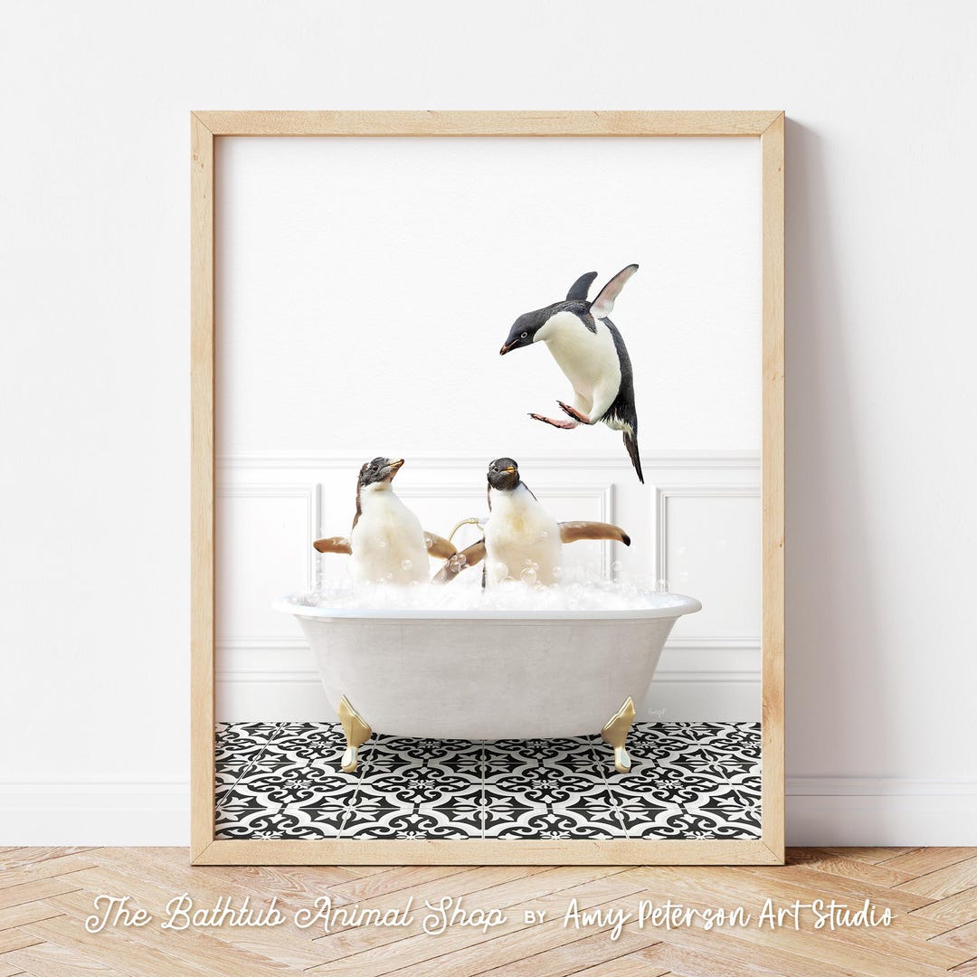 Penguins in Vintage Bathtub, Stencil Neutral, Bathroom Art, Bathtub ...