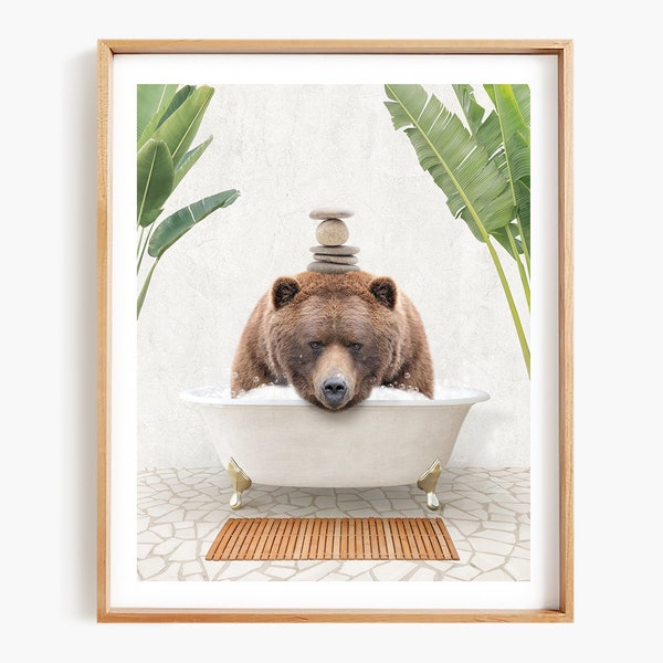 Big Brown Bear in Vintage Bathtub, Bali Bath Style, Animal in Tub, Bathroom Art, Animal Art by Amy Peterson