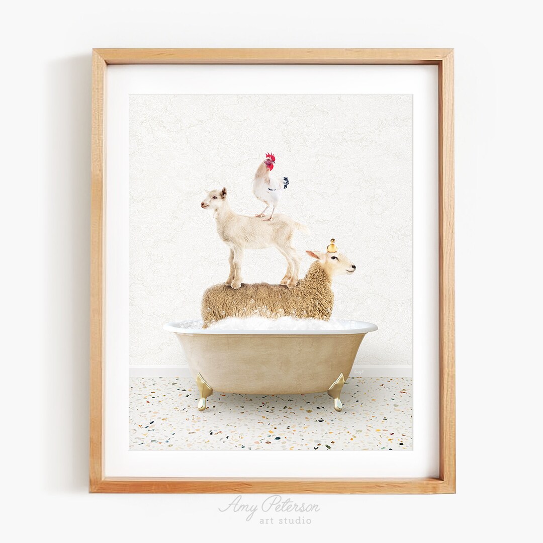 Sheep Goat Rooster in Vintage Bathtub, Terrazzo Bath Style, Animal in
