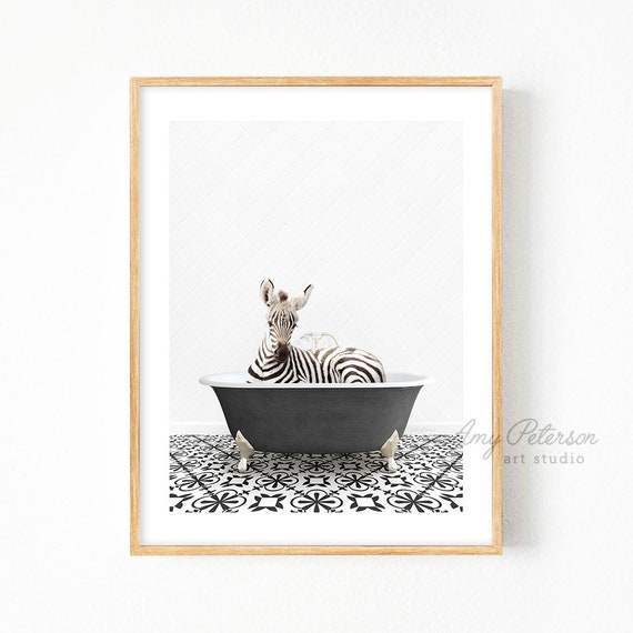 Baby Zebra in Vintage Bathtub Stencil Tile With Black Tub | Etsy