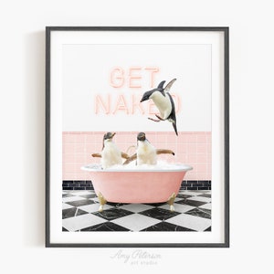 Penguins in Vintage Bathtub, Vintage Pink Style, Animal in Tub, Bathroom Art, Animal Art by Amy Peterson