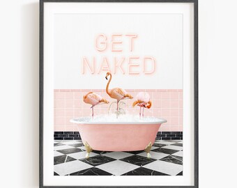 Flamingos in Vintage Bathtub, Retro Pink Style, Animal in Tub, Bathroom Art, Animal Art by Amy Peterson