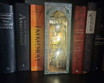 Alchemist's magic library Booknook, handmade miniature - Witch and warlock alchemy diorama dollhouse- bonus: real Etna Volcano Lava stone