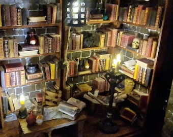 Alchemist's magic library Booknook, handmade miniature dollhouse - witch and warlock alchemy diorama BONUS: real Etna Volcano stone inside