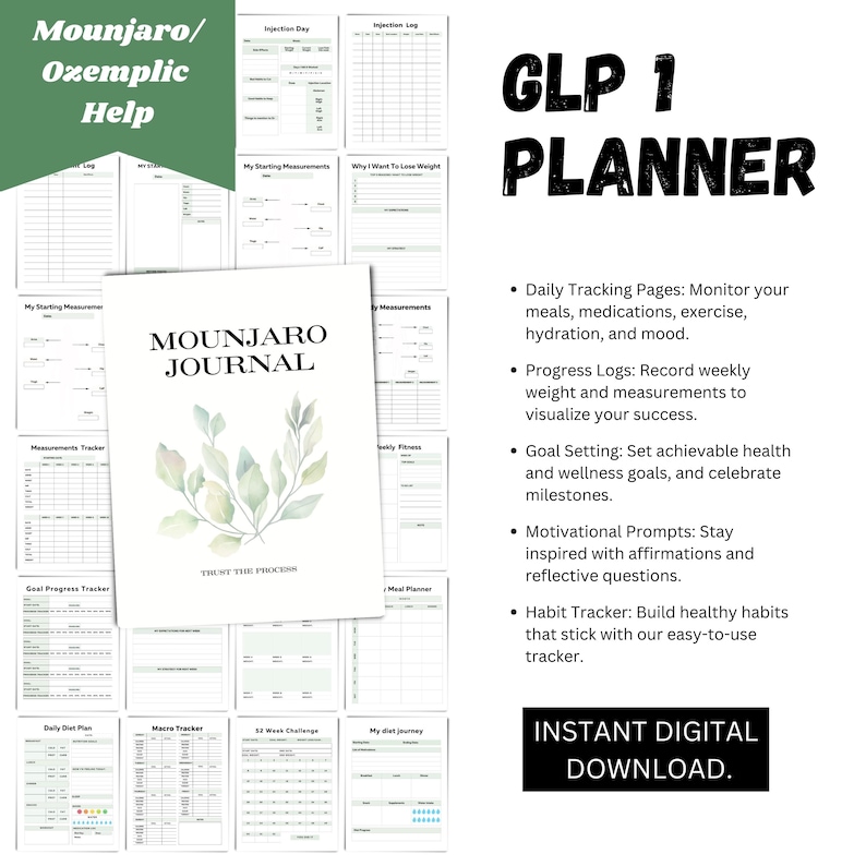 Peut inclure: Un planificateur GLP 1 imprimable avec un fond aquarelle. Le planificateur comprend des pages pour le suivi quotidien, les journaux de progression, la d&eacute;finition d'objectifs et des invites motivationnelles. Le texte "GLP 1 PLANNER" est en lettres noires grasses en haut de la page. Le texte "INSTANT DIGITAL DOWNLOAD" est en bas de la page.