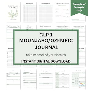 Peut inclure: Un journal num&eacute;rique imprimable pour suivre la perte de poids et les objectifs de sant&eacute; tout en prenant des m&eacute;dicaments GLP-1 comme Mounjaro et Ozempic. Le journal comprend des pages pour suivre les injections, les suppl&eacute;ments, les mesures, la forme physique, la motivation, l'avancement des objectifs et les plans d'alimentation quotidiens.