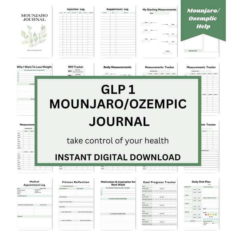 Peut inclure: Un journal num&eacute;rique imprimable pour suivre la perte de poids et les objectifs de sant&eacute; tout en prenant des m&eacute;dicaments GLP-1 comme Mounjaro et Ozempic. Le journal comprend des pages pour suivre les injections, les suppl&eacute;ments, les mesures, la forme physique, la motivation, l'avancement des objectifs et les plans d'alimentation quotidiens.