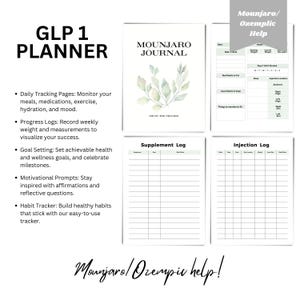 Peut inclure: Un planificateur imprimable con&ccedil;u pour les personnes utilisant Mounjaro ou Ozempic pour la gestion du poids. Le planificateur comprend des pages pour le suivi quotidien, les journaux de progression, la d&eacute;finition d'objectifs, des invites motivationnelles et un suivi des habitudes. Il comprend &eacute;galement un journal des suppl&eacute;ments et un journal des injections.