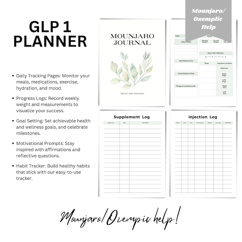 Peut inclure: Un planificateur imprimable con&ccedil;u pour les personnes utilisant Mounjaro ou Ozempic pour la gestion du poids. Le planificateur comprend des pages pour le suivi quotidien, les journaux de progression, la d&eacute;finition d'objectifs, des invites motivationnelles et un suivi des habitudes. Il comprend &eacute;galement un journal des suppl&eacute;ments et un journal des injections.