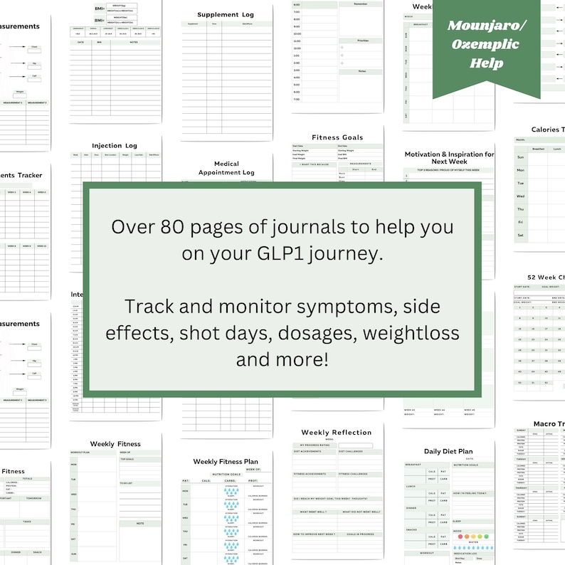 Peut inclure: Une collection de pages de journal imprimables con&ccedil;ues pour aider &agrave; suivre et &agrave; surveiller les sympt&ocirc;mes, les effets secondaires, les jours de prise de m&eacute;dicaments, les dosages, la perte de poids et plus encore pour les personnes utilisant des m&eacute;dicaments GLP1 comme Mounjaro et Ozempic.