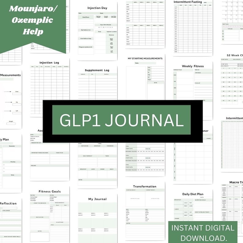 Peut inclure: Un journal num&eacute;rique imprimable pour suivre les m&eacute;dicaments GLP1, la perte de poids et les objectifs de remise en forme. Le journal comprend des pages pour les journaux d'injection, les journaux de suppl&eacute;ments, les plans d'entra&icirc;nement hebdomadaires, les plans d'alimentation quotidiens, et plus encore. Le journal est con&ccedil;u pour aider les gens &agrave; g&eacute;rer leur poids et &agrave; am&eacute;liorer leur sant&eacute; globale.