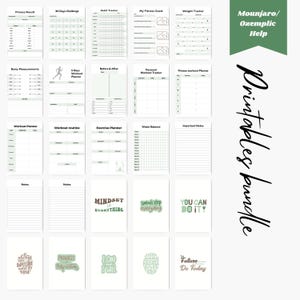 Peut inclure: Un lot d'imprimables de suivi de forme et de planificateurs. Le lot comprend des pages pour le suivi des habitudes, les objectifs de forme, le suivi du poids, les mesures corporelles, les routines d'entra&icirc;nement, la planification des exercices, l'&eacute;quilibre hydrique et des notes importantes. Les pages sont d&eacute;cor&eacute;es de citations et d'illustrations motivantes.