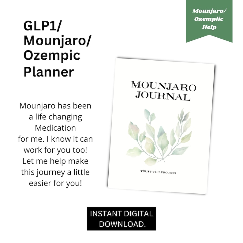 Peut inclure: Un journal num&eacute;rique imprimable avec un motif floral aquarelle et le texte "Mounjaro Journal" et "Faites confiance au processus". Le journal est destin&eacute; aux personnes prenant le m&eacute;dicament Mounjaro ou Ozempic.