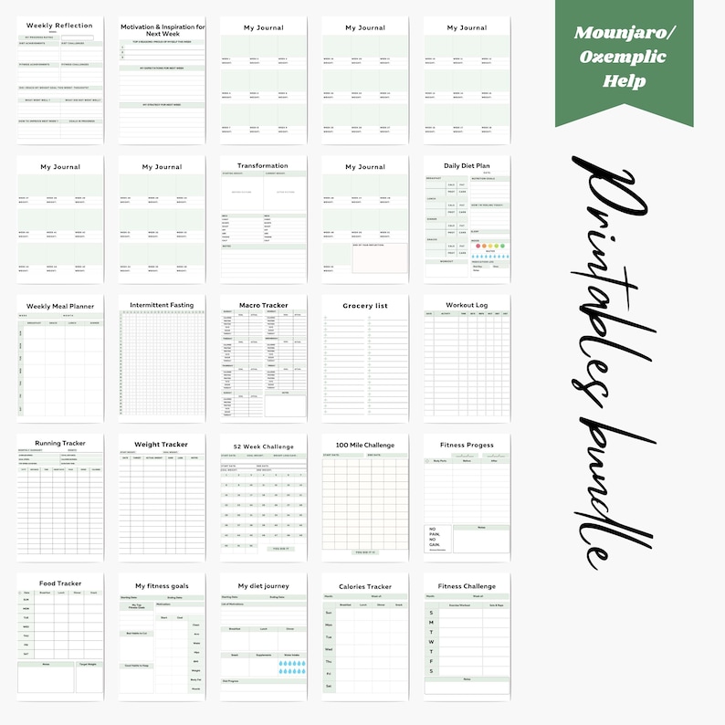 Peut inclure: Un ensemble de suivis de forme et de journaux imprimables avec des titres tels que "R&eacute;flexion hebdomadaire", "Motivation et inspiration pour la semaine prochaine", "Transformation", "Plan alimentaire quotidien", "Plan de repas hebdomadaire", "Je&ucirc;ne intermittent", "Suivi des macros", "Liste d'&eacute;picerie", "Journal d'entra&icirc;nement", "Suivi de la course &agrave; pied", "Suivi du poids", "D&eacute;fi de 52 semaines", "D&eacute;fi de 100 miles", "Progression de la forme physique", "Suivi alimentaire", "Mes objectifs de forme physique", "Mon parcours alimentaire", "Suivi des calories", et "D&eacute;fi de forme physique".