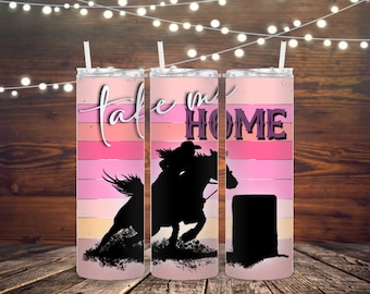 May include: A pink and orange striped stainless steel tumbler with a silhouette of a barrel racer and the text "Take me home".