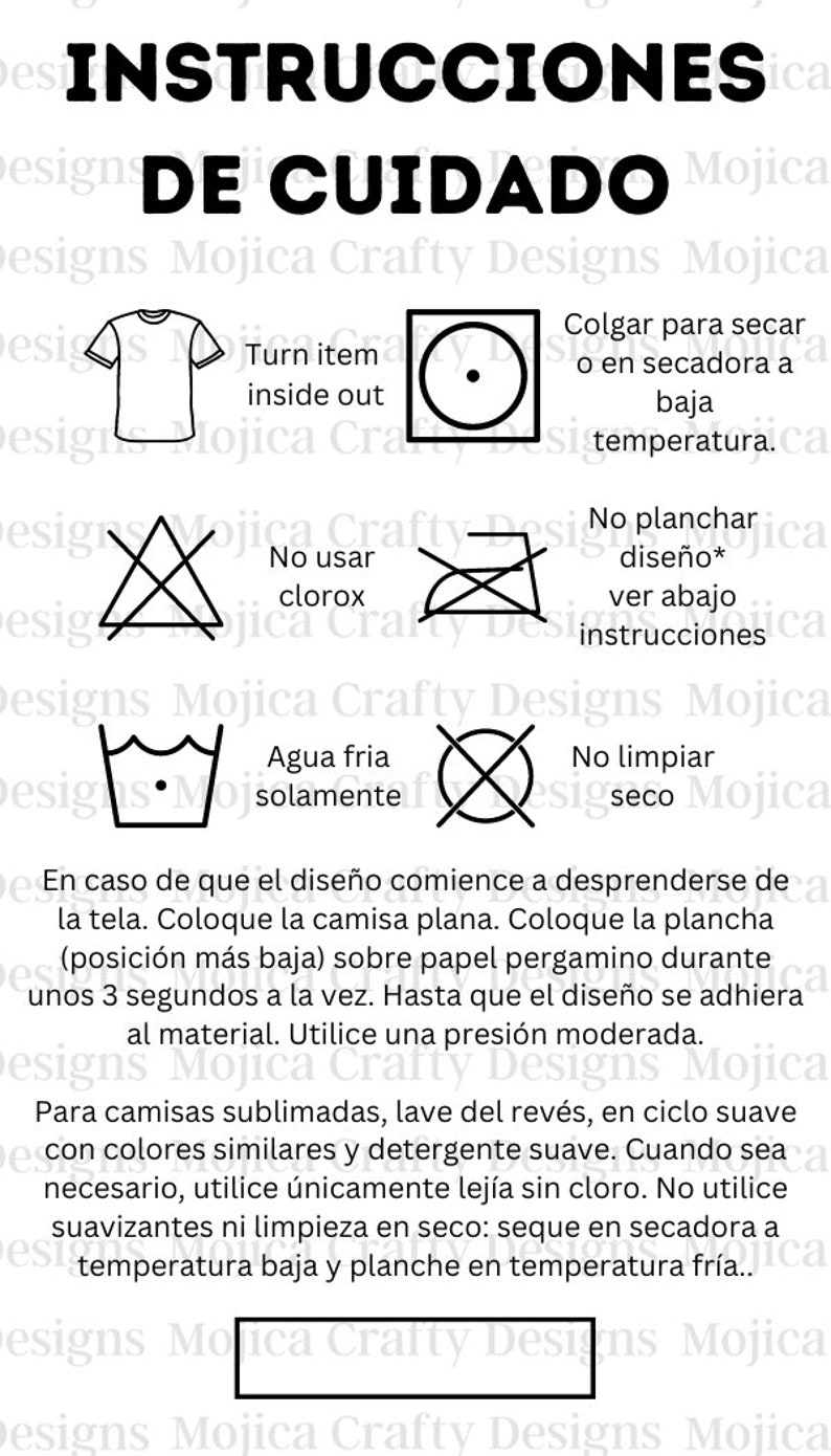 Printable Shirt Care Instruction for HTV and Sublimated Shirts. Cuidado ...