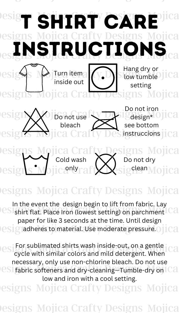 Printable Shirt Care Instruction for HTV and Sublimated Shirts. Cuidado ...