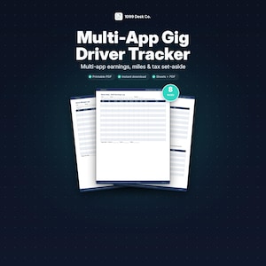 Könnte beinhalten: Ein Multi-App Gig Driver Tracker Dokumentenset mit 8 druckbaren Seiten für Einnahmen, Kilometer und Steuerrücklagen. Die weißen Seiten haben dunkelblaue Kopfzeilen und Rasterlinien, wobei der Text 1099 Desk Co. oben deutlich sichtbar ist.