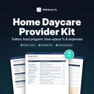 Op de afbeelding: Een Home Daycare Provider Kit van 1099 Desk Co. met een 10-pagina tellende printbare PDF, Excel- en Sheets-documenten. De kit bevat een categoriegids voor het bijhouden van collegegeld, voedselprogramma's en zakelijke uitgaven.