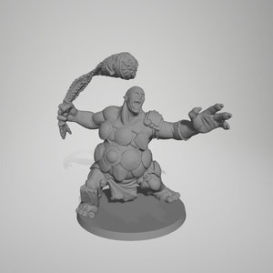 May include: A gray, 3D printed miniature of a large, muscular ogre with a large, round, fleshy club in its hand. The ogre is wearing a segmented, armored chest piece and a loincloth. The ogre is in a crouched position, with its right arm raised and its left arm extended forward.
