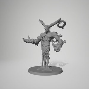 May include: A grey, 3D-printed miniature of a demonic figure with large horns, muscular physique, and outstretched arms. The figure stands on a circular base, with intricate details and a menacing expression, perfect for tabletop gaming.