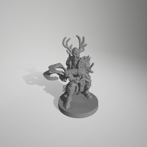 May include: A grey miniature figurine of a fantasy creature with antlers, holding a weapon and standing on a round base.