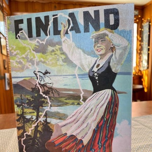 Vintage Finland Travel Poster With Finnish Woman Waving Handmade On Pine Wood