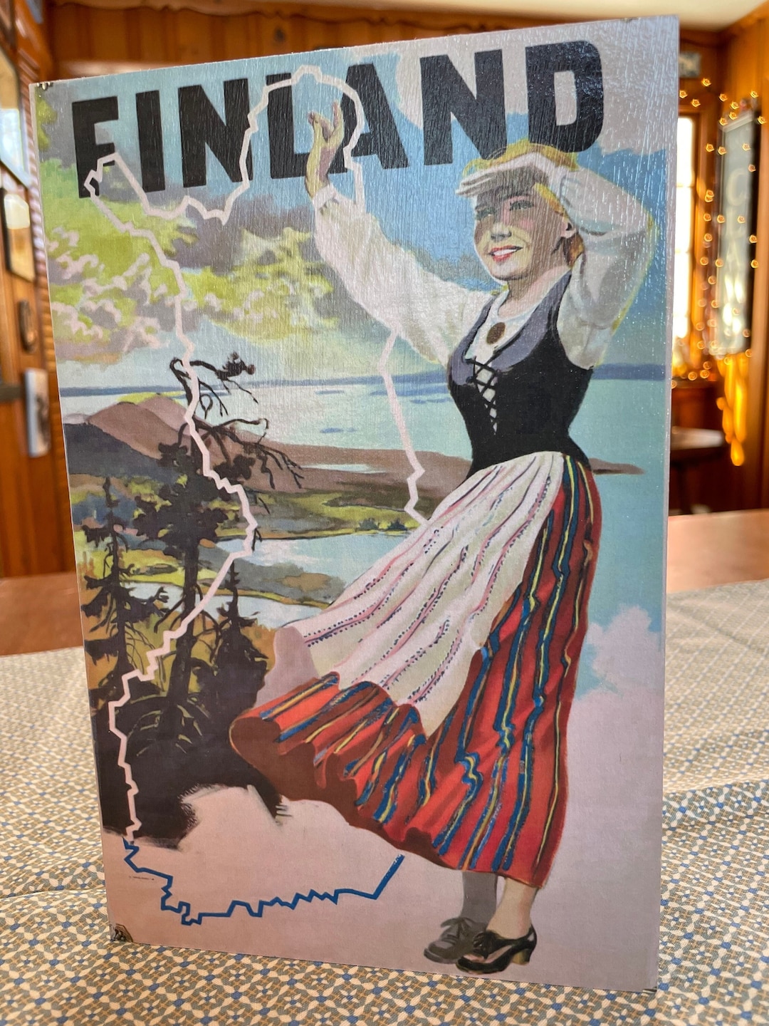 Vintage Finland Travel Poster With Finnish Woman Waving Handmade