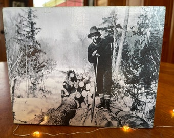 Handmade In Maine Vintage Image Of Maine Lumberjack On Pine Wood