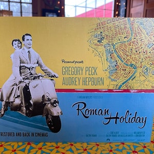 Charming &quot;Roman Holiday&quot; Movie Poster With Gregory Peck And Audrey Hepburn Handmade On Pine Wood