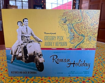 Roman Holiday Poster Image On Pine Wood Handmade, Audrey Hepburn, Gregory Peck