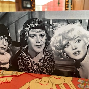Some Like It Hot Movie Image Handmade On Pine Wood Showing Fun Image Of Marilyn Monroe, Jack Lemmon, and Tony Curtis