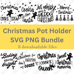 May include: A digital SVG and PNG bundle with Christmas-themed designs. The image features various text elements like "Christmas," "Cookies for Santa," and "Merry Christmas," along with gingerbread men and Christmas trees. The bundle includes 8 downloadable files.