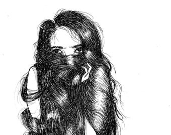 May include: Black and white line drawing of a woman with long hair covering her face. The drawing is signed "Rebecca Emily Darling" in the bottom right corner.