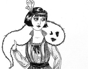 Every Girl's Got a Few - ghost art - 1920s flapper dress - ink illustration - 5x7 gothic art print